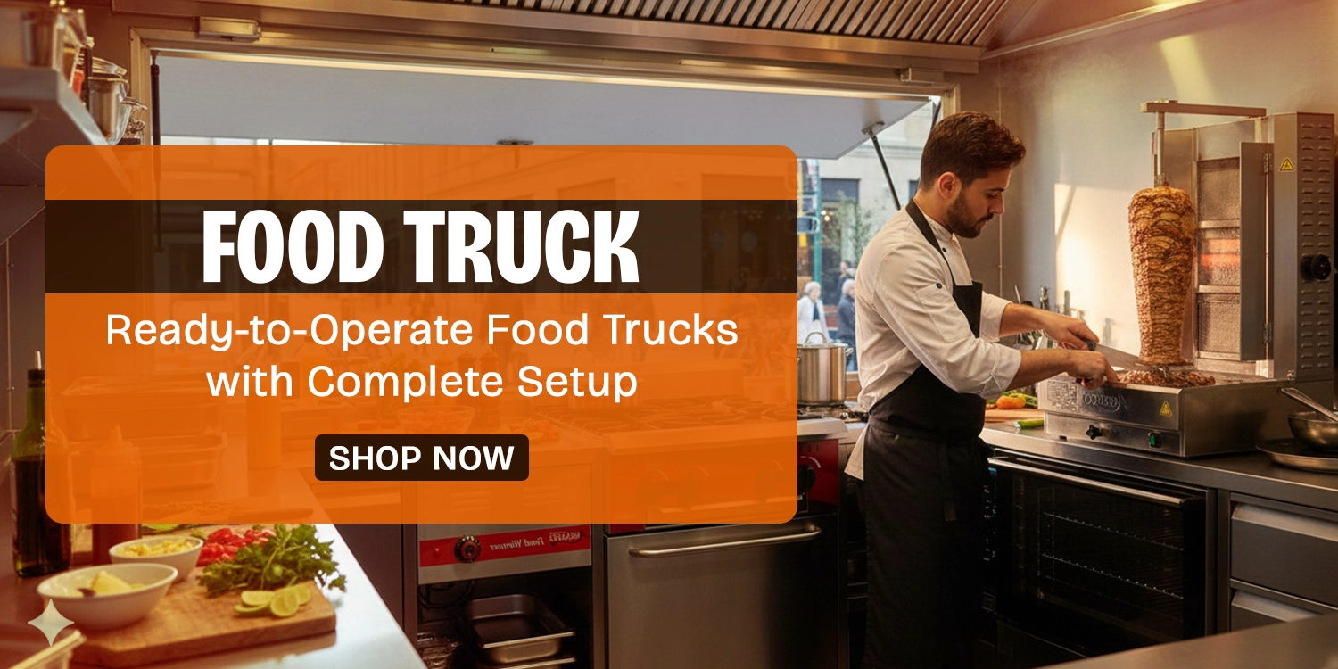 Food truck with open serving window, showcasing a variety of prepared meals and beverages.